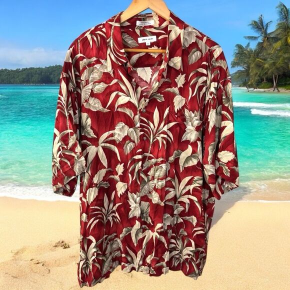 Red Tan Tropical Print Shirt Hawaiian men’s button down size XXL PIERRE CARDIN - Picture 1 of 4